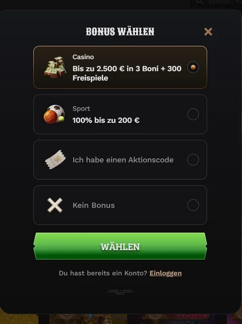 Auswahl zwischen Casino, Sport, Aktionscode und keinem Bonus