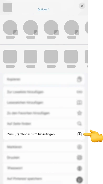 iPhone-Teilen-Menü mit hervorgehobener Aktion Zum Startbildschirm hinzufügen iPhone-Teilen-Menü mit hervorgehobener Aktion Zum Startbildschirm hinzufügen